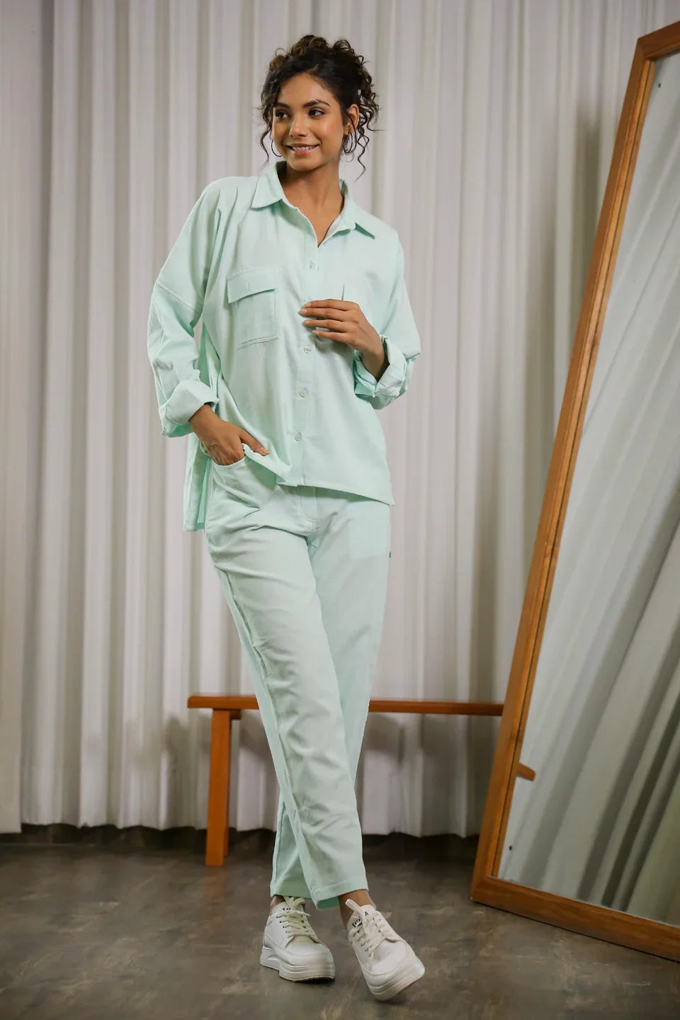 Sea Green Corduroy Co-ord Set - SanskrutiHomes 