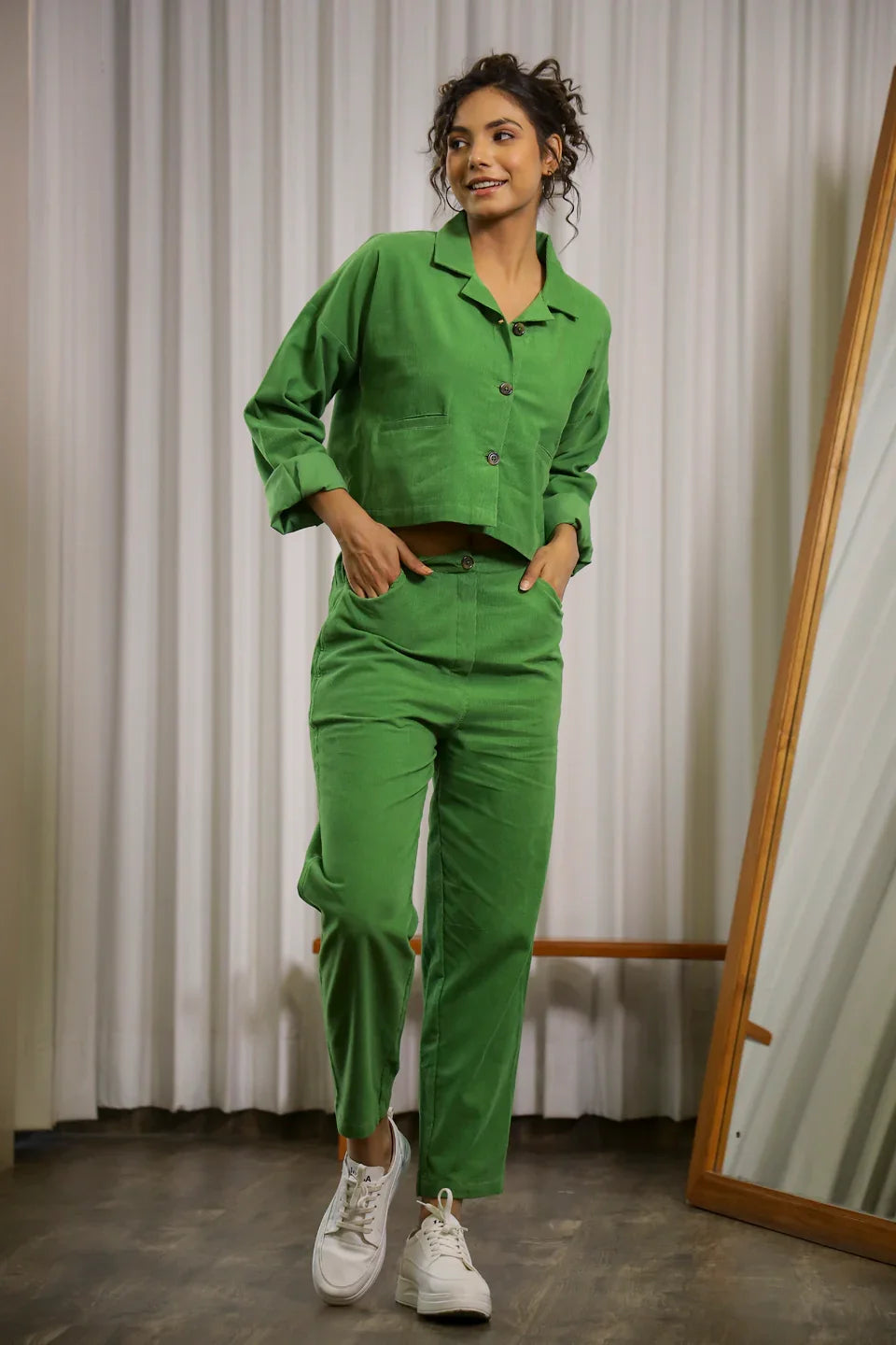 Green Corduroy Co-ord Set - SanskrutiHomes 