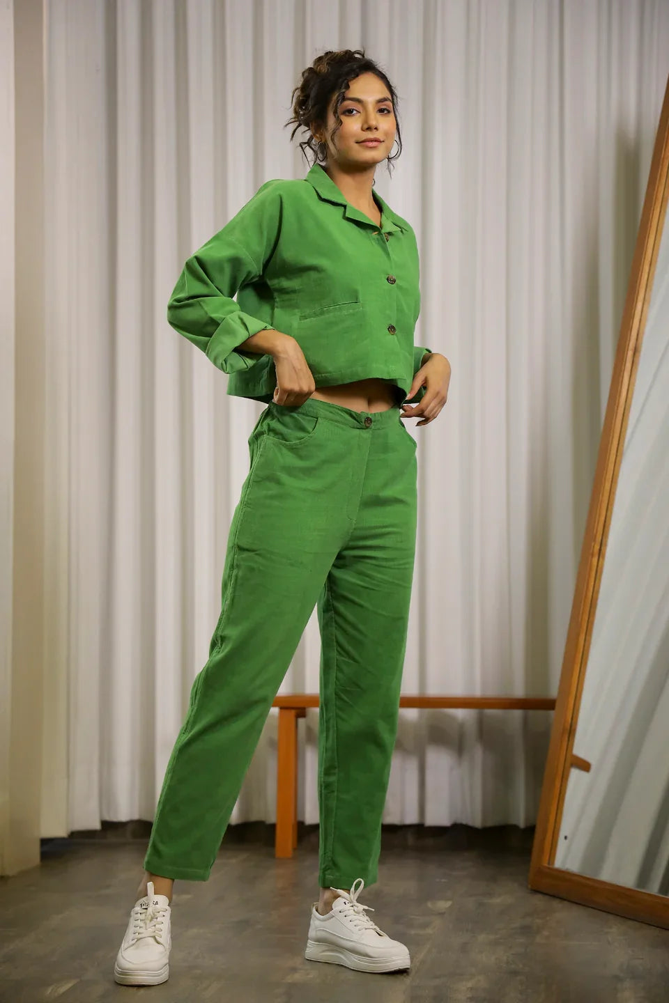 Green Corduroy Co-ord Set - SanskrutiHomes 