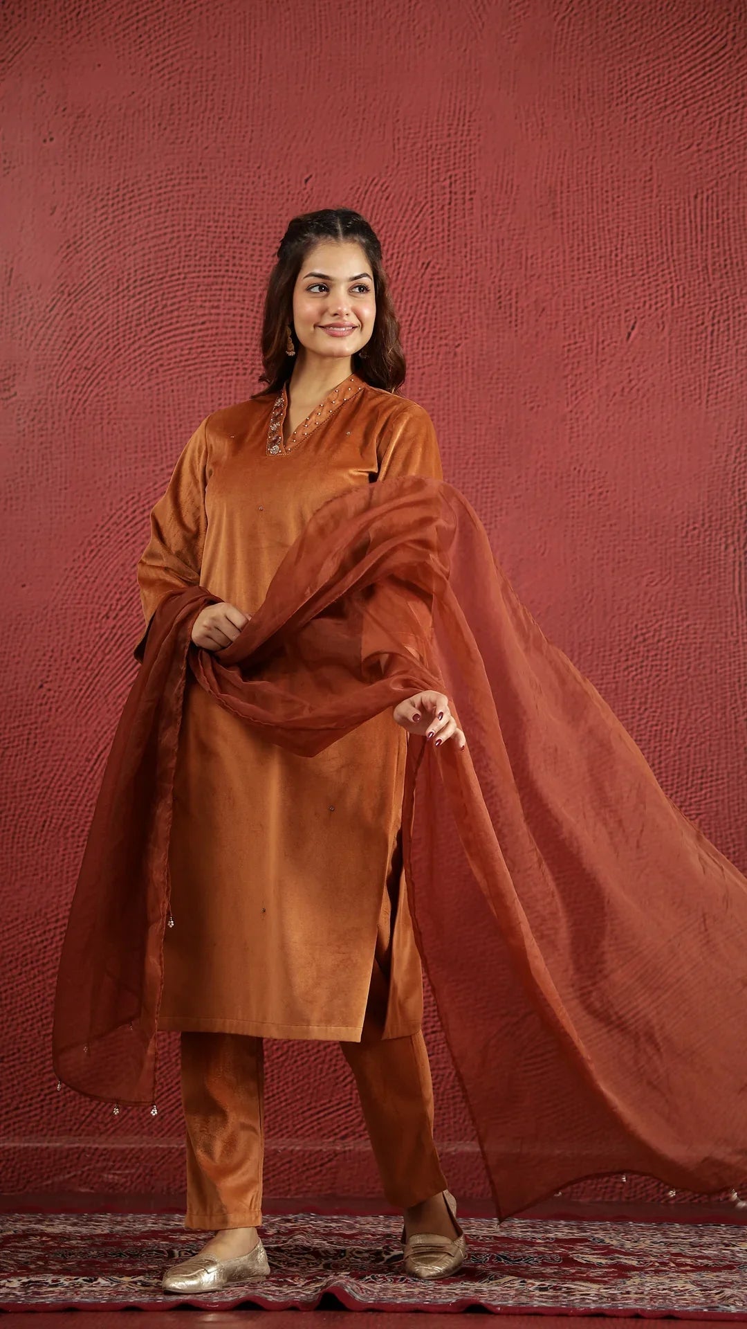 Orange Solid Velvet Kurta set with Dupatta - SanskrutiHomes 