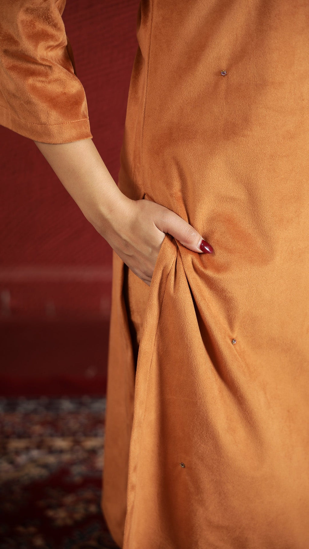 Orange Solid Velvet Kurta set with Dupatta - SanskrutiHomes 