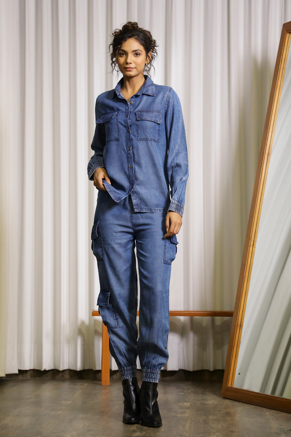 Dark Blue Cargo Denim Co-ord Set - SanskrutiHomes 