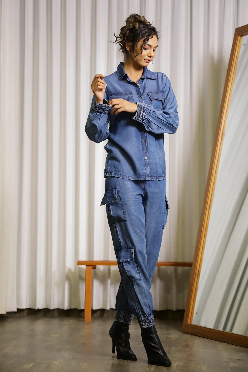 Dark Blue Cargo Denim Co-ord Set - SanskrutiHomes 