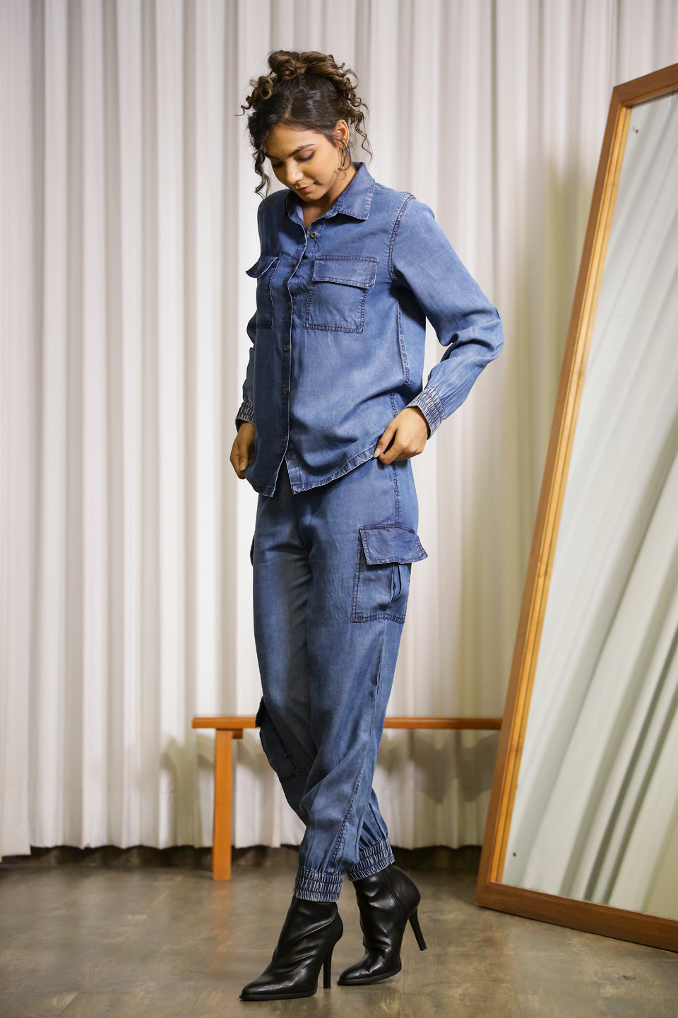 Dark Blue Cargo Denim Co-ord Set - SanskrutiHomes 