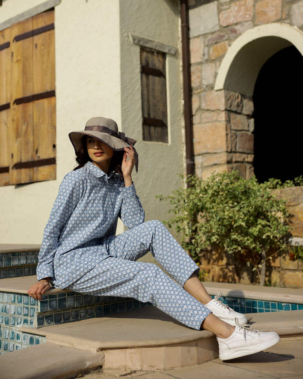 Blue Printed Cotton Co-Ord Set for Women - SanskrutiHomes 