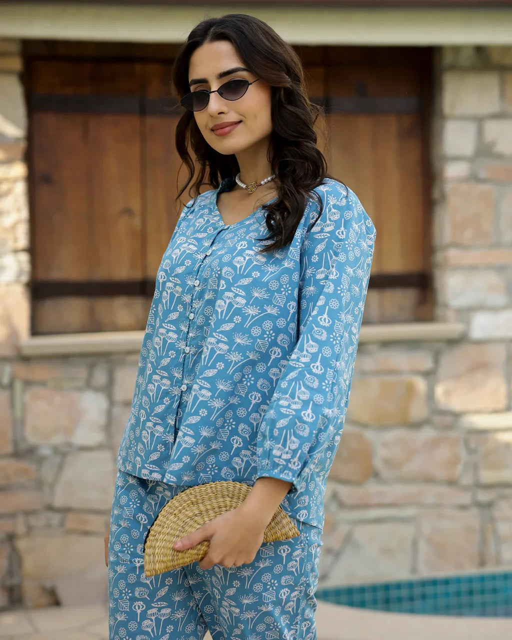 Blue Leaf Cotton Night SUIT - SanskrutiHomes 