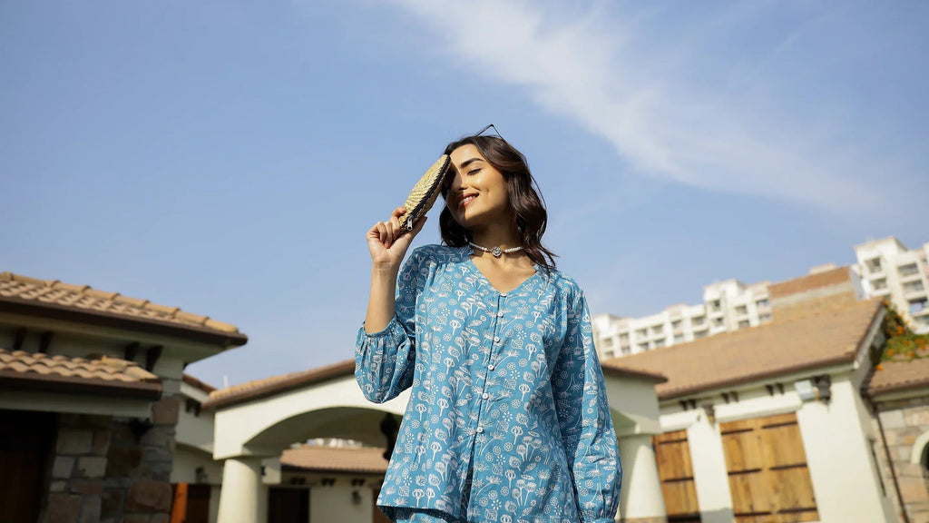 Blue Leaf Cotton Night SUIT - SanskrutiHomes 