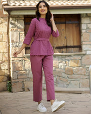 Self Design Pure Cotton Top & Trousers Co-Ord Set - SanskrutiHomes 