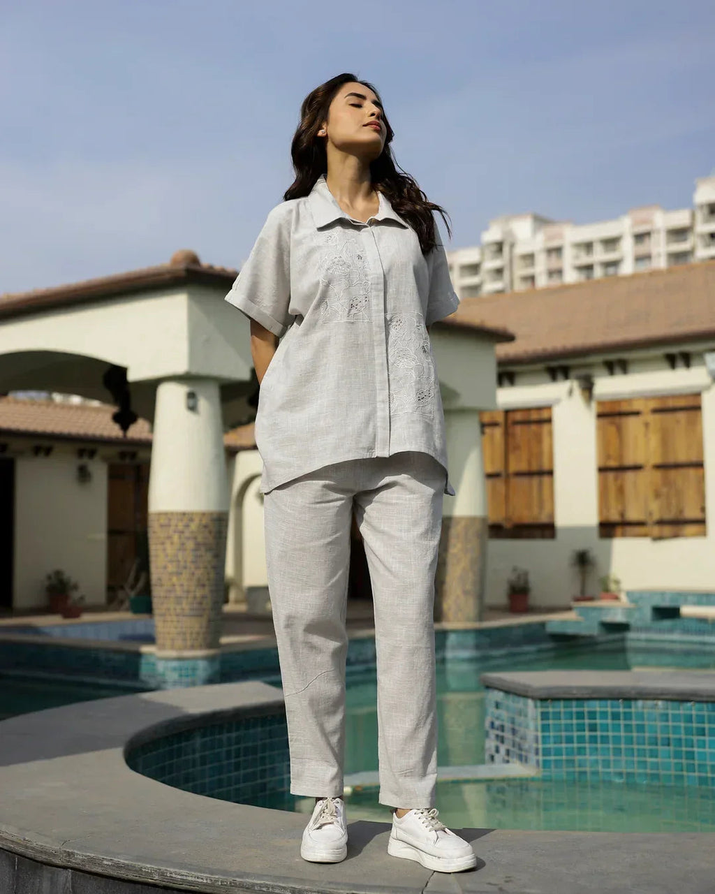 Grey Embroidered Loungewear Set - SanskrutiHomes 