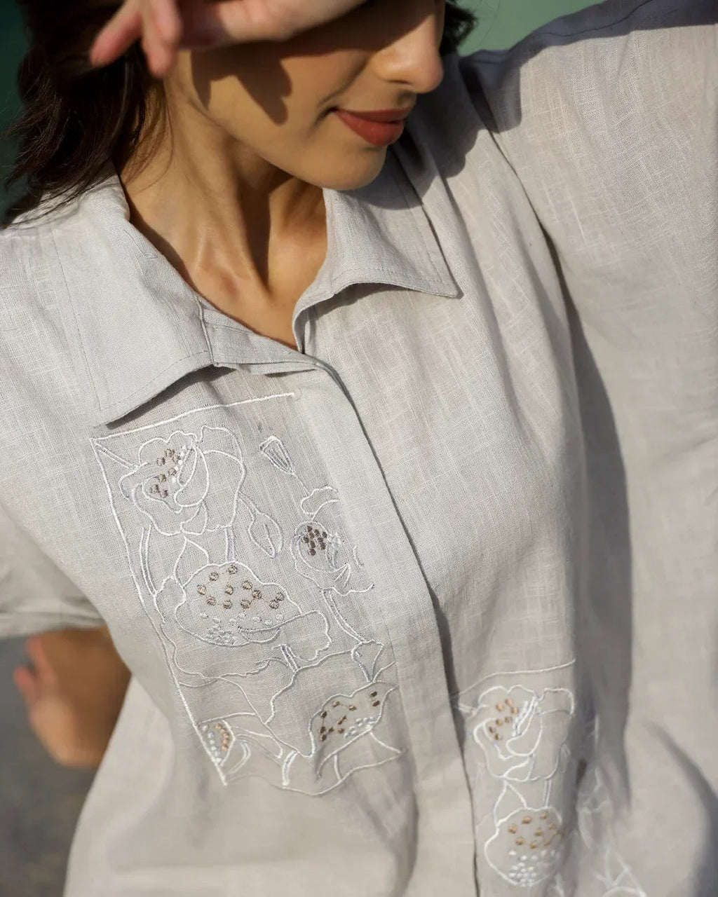 Grey Embroidered Loungewear Set - SanskrutiHomes 