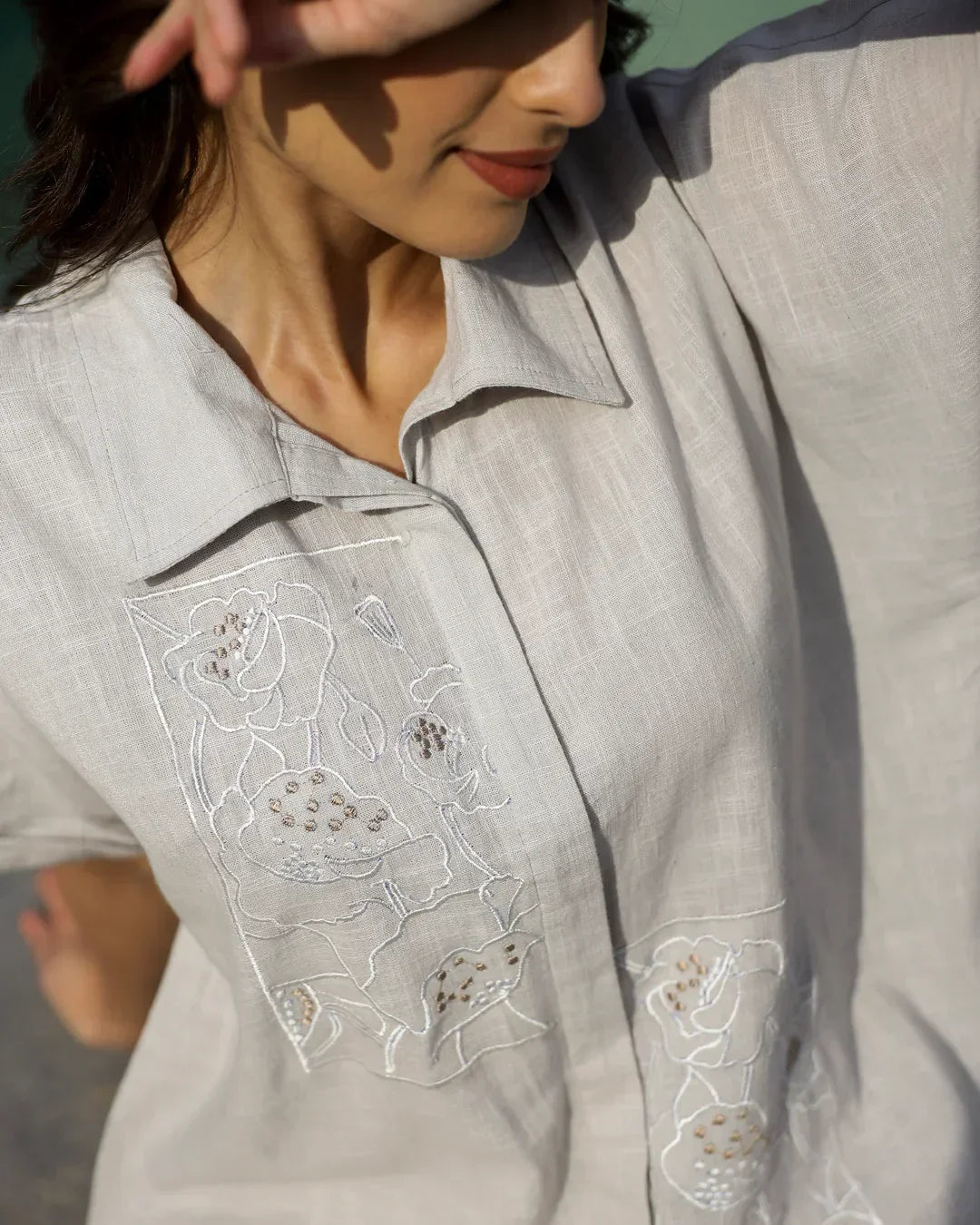 Grey Embroidered Loungewear Set - SanskrutiHomes 