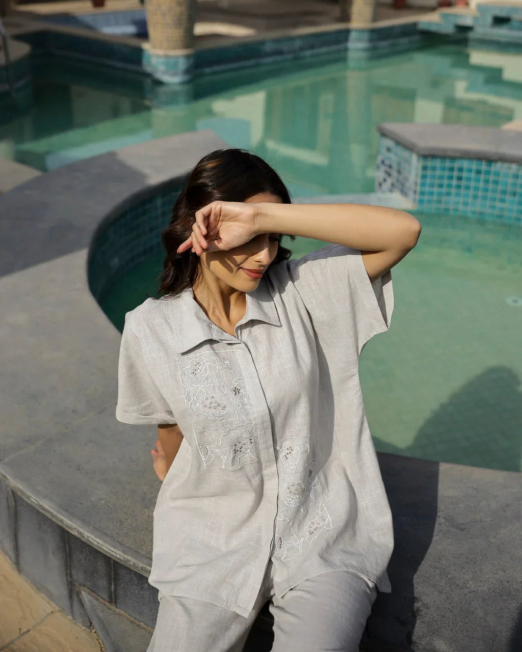 Grey Embroidered Loungewear Set - SanskrutiHomes 