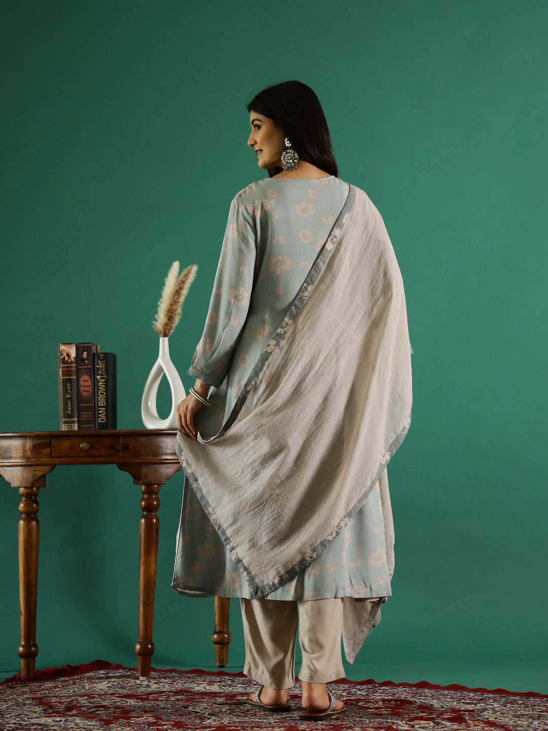 Blue V-Neck Floral Printed Kurta Set - SanskrutiHomes 