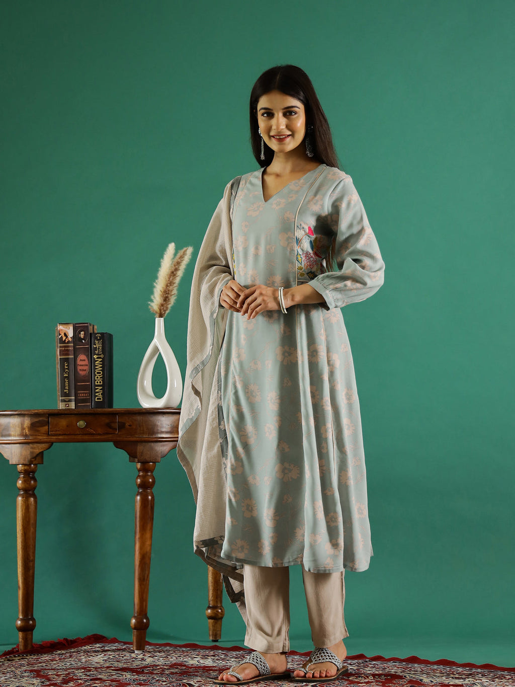 Blue V-Neck Floral Printed Kurta Set - SanskrutiHomes 