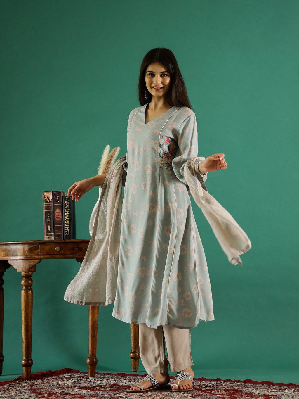 Blue V-Neck Floral Printed Kurta Set - SanskrutiHomes 