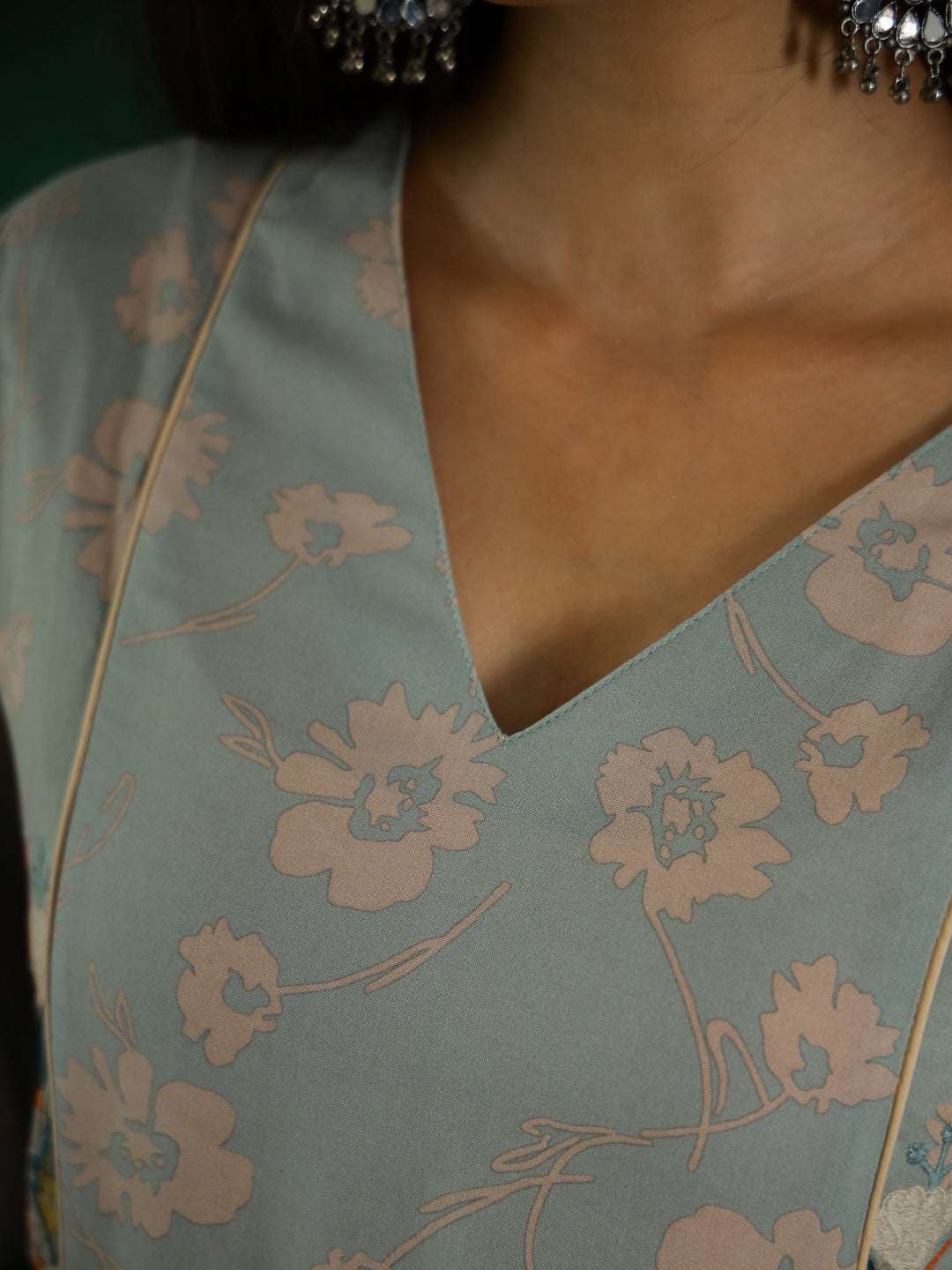 Blue V-Neck Floral Printed Kurta Set - SanskrutiHomes 