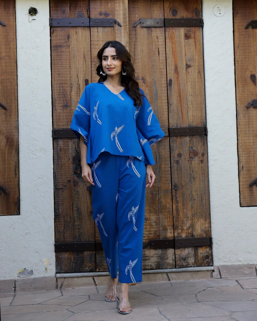 Women's Pure Cotton Blue Conversational Kaftan Night suits - SanskrutiHomes 