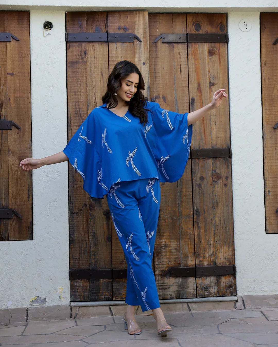 Women's Pure Cotton Blue Conversational Kaftan Night suits - SanskrutiHomes 