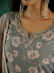 Gray Color Round Neck Printed Kurta Set - SanskrutiHomes 
