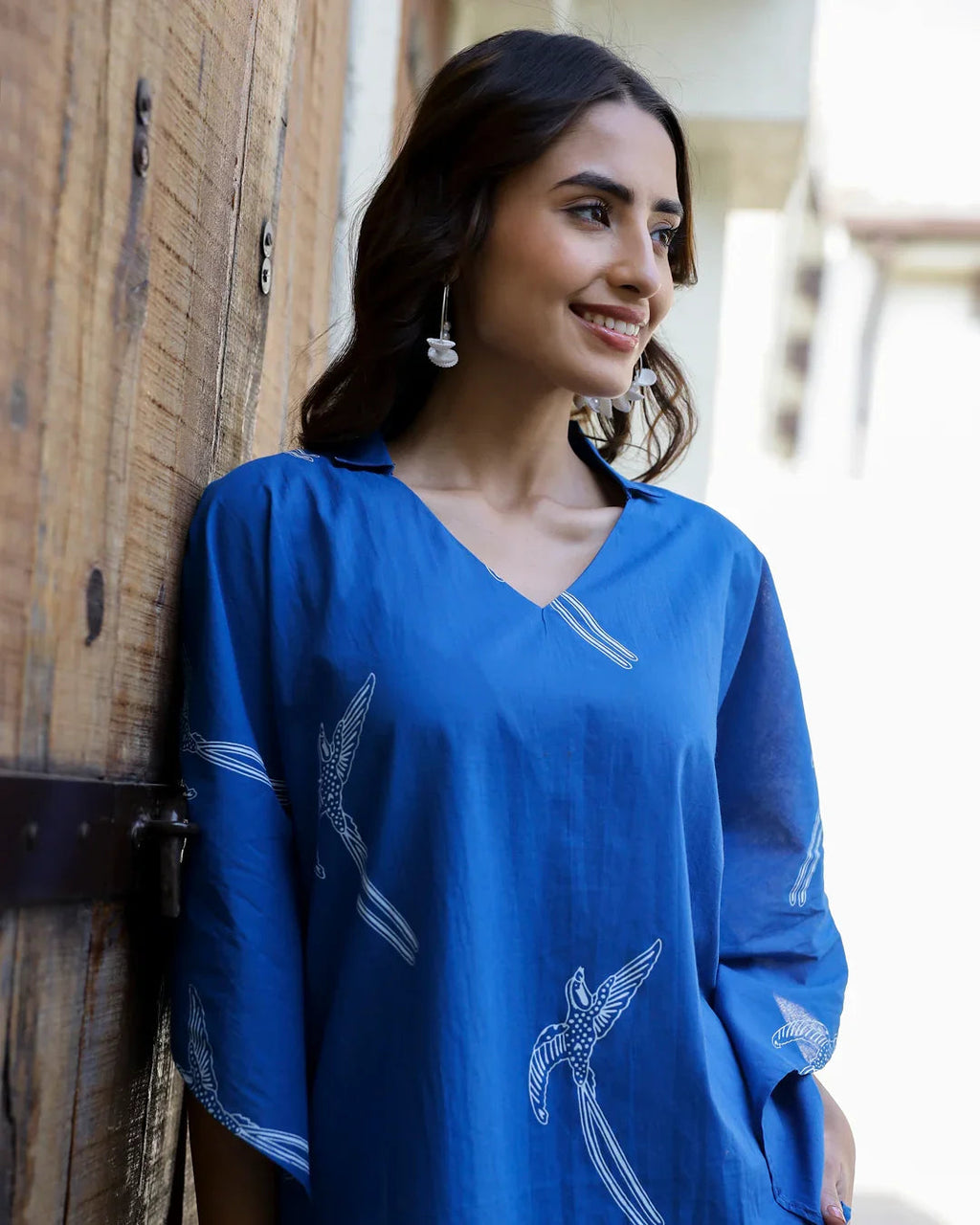 Women's Pure Cotton Blue Conversational Kaftan Night suits - SanskrutiHomes 
