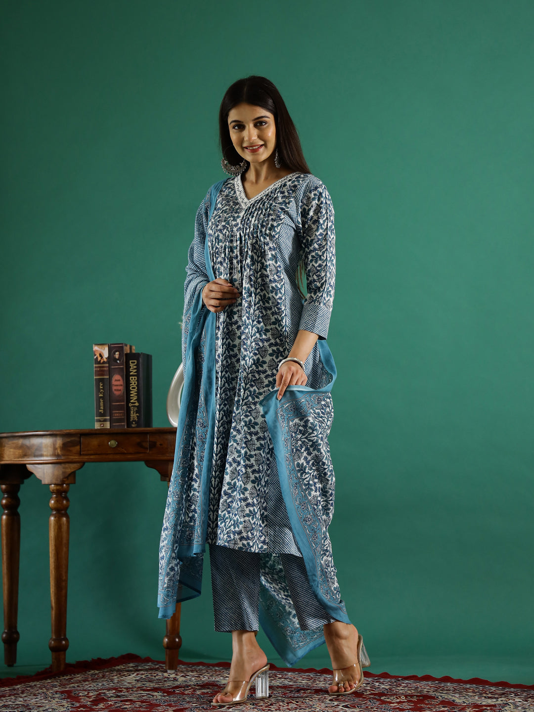 Set of 3 Blue Flower Printed Kurta Set with Dupatta - SanskrutiHomes 