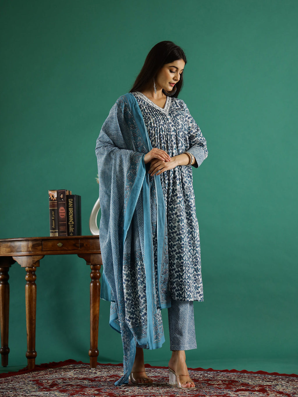 Set of 3 Blue Flower Printed Kurta Set with Dupatta - SanskrutiHomes 