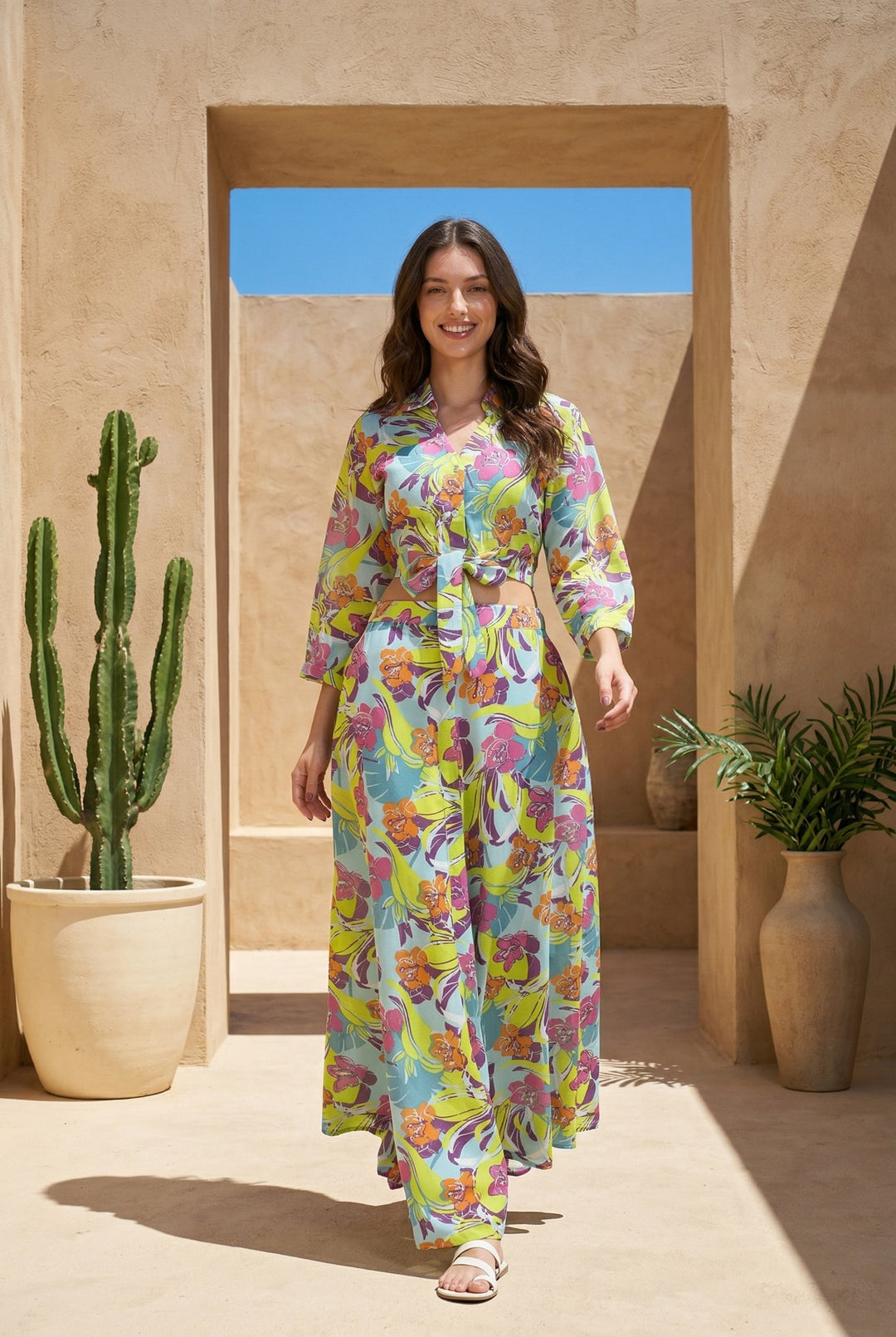 Green V-Neck Floral Print Pure Cotton Co Ord Set For Women