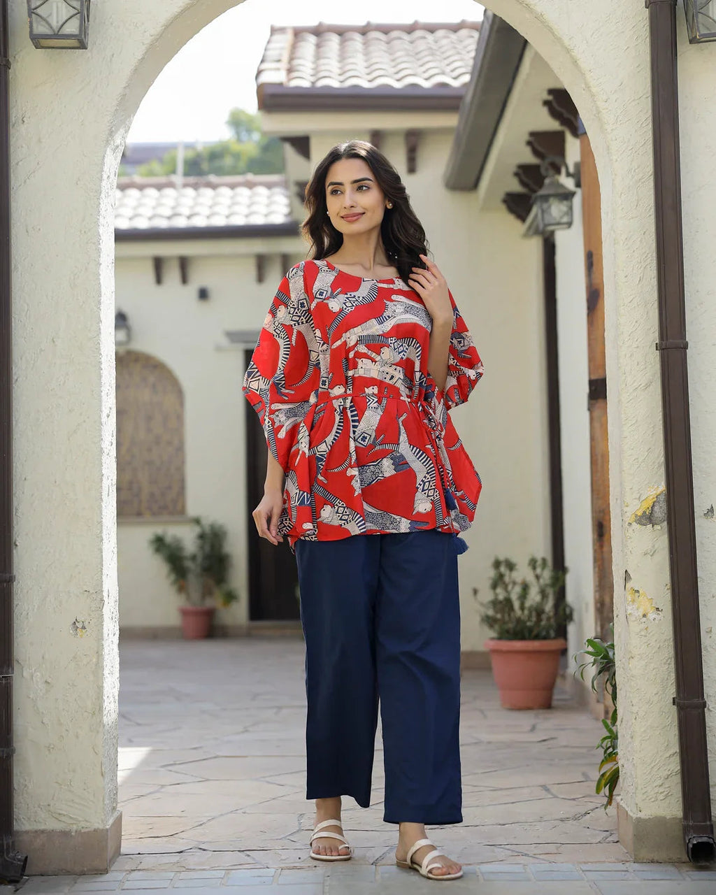 SCARLET DOG PRINT Cotton Kaftan Set - SanskrutiHomes 