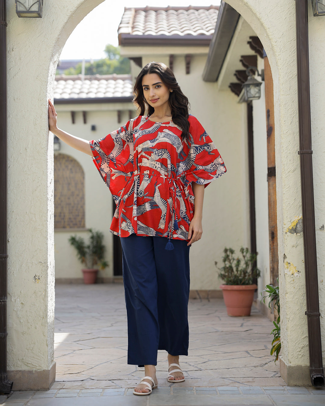 SCARLET DOG PRINT Cotton Kaftan Set - SanskrutiHomes 