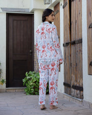White Lapel Collar Floral Print Pure Cotton Night Suit For Women