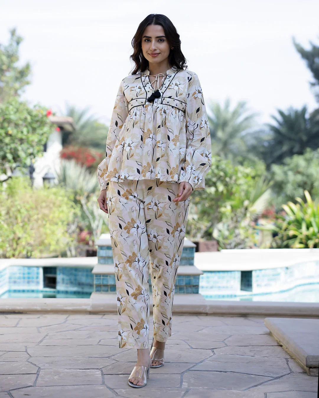 Printed Pure Cotton Mandarin Collar Neck Top & Trouser Co-Ords - SanskrutiHomes 