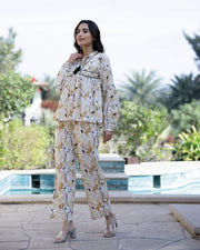 Printed Pure Cotton Mandarin Collar Neck Top & Trouser Co-Ords - SanskrutiHomes 