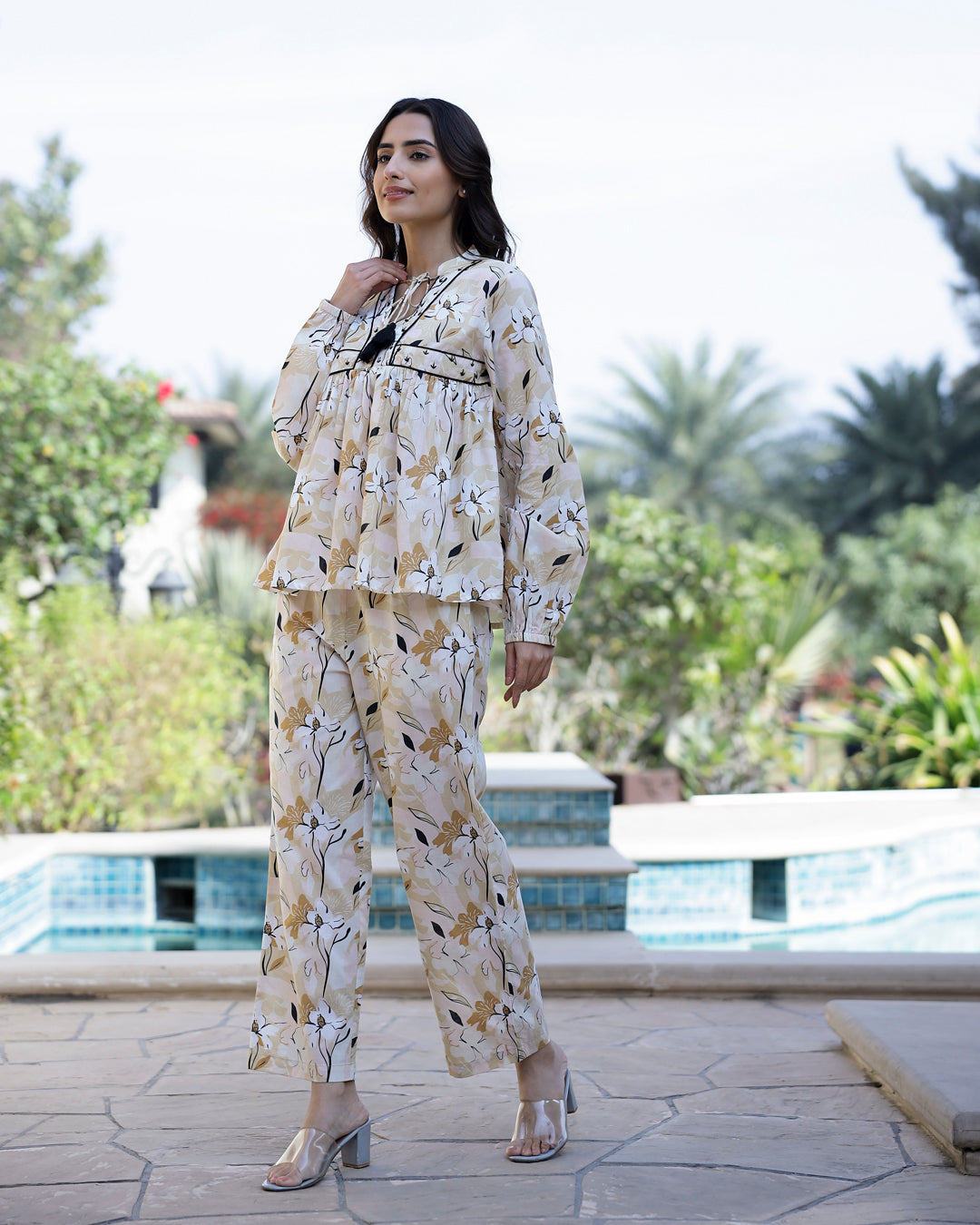 Printed Pure Cotton Mandarin Collar Neck Top & Trouser Co-Ords - SanskrutiHomes 