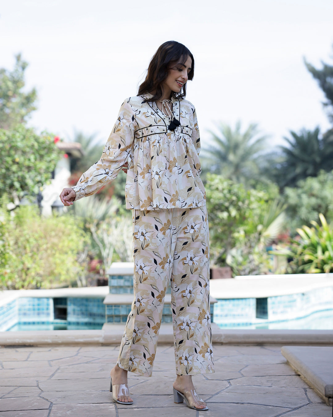 Printed Pure Cotton Mandarin Collar Neck Top & Trouser Co-Ords - SanskrutiHomes 