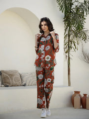 Brown Floral Printed Cotton Night Suit - SanskrutiHomes 
