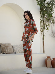 Brown Floral Printed Cotton Night Suit - SanskrutiHomes 