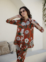 Brown Floral Printed Cotton Night Suit - SanskrutiHomes 