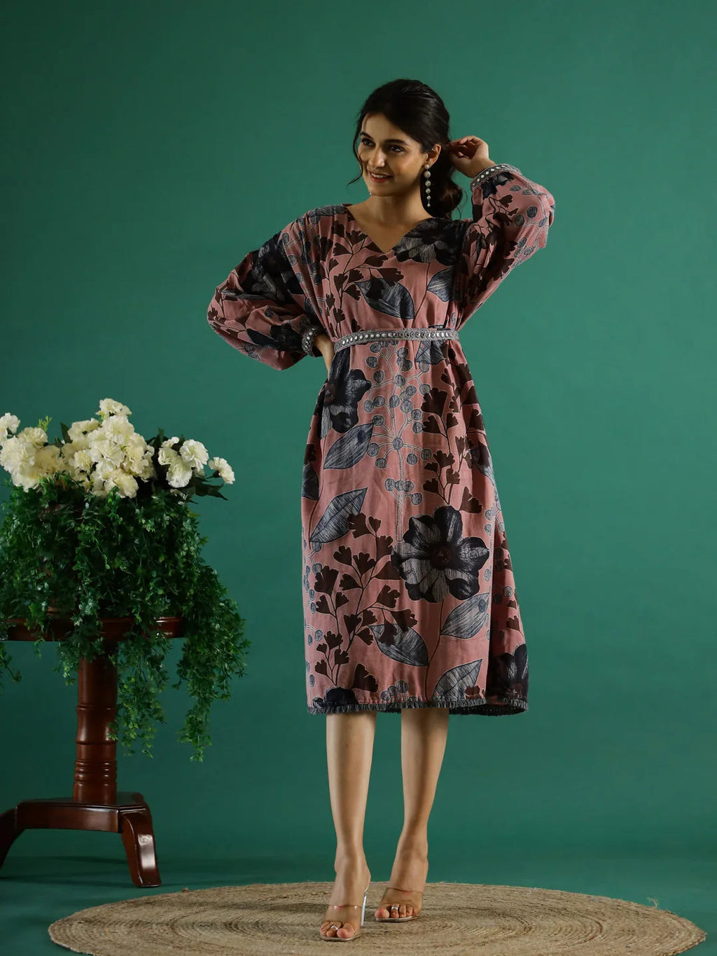 Brown Floral Printed Dress for Women - SanskrutiHomes 