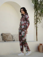 Brown Floral Printed Cotton Night Suit for Women - SanskrutiHomes 