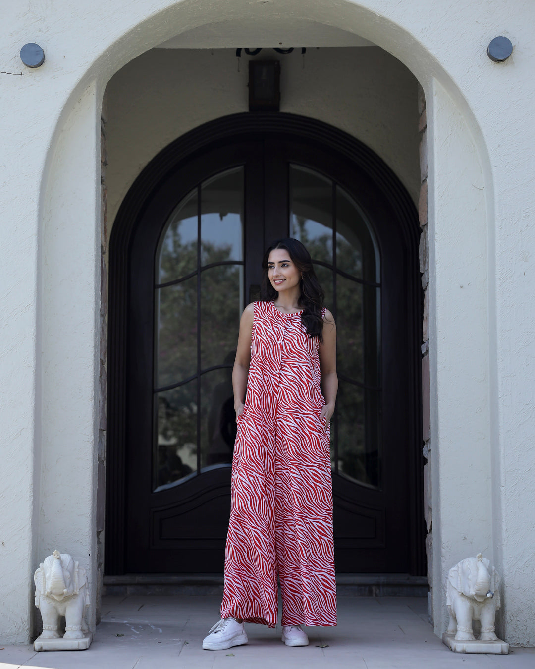 Tiger Printed Red Sleeveless Jumpsuit