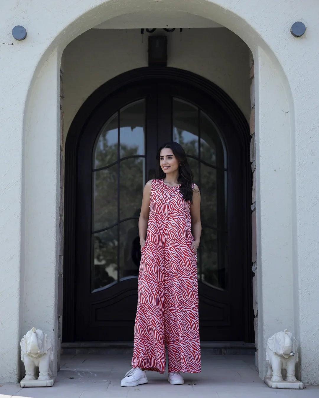 TIGER Printed red sleeveless Jumpsuit - SanskrutiHomes 