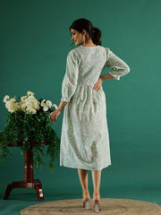 Green Round Neck Floral Print Flared Dress For Women