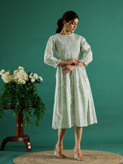 Green Round Neck Floral Print Flared Dress For Women