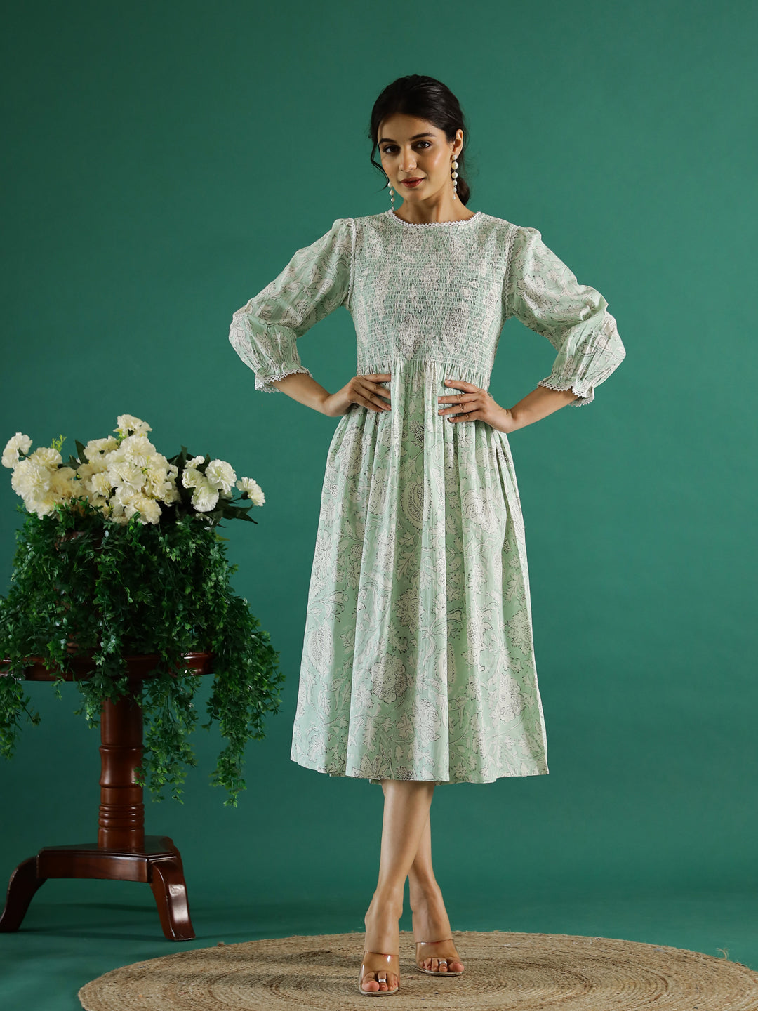 Green Round Neck Floral Print Flared Dress For Women