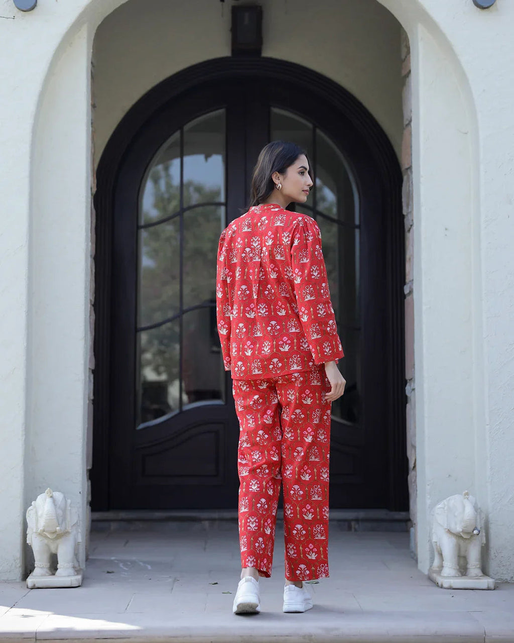 Carmine red Cotton Night Suit Set - SanskrutiHomes 