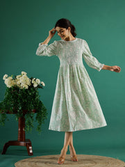 Green Round Neck Floral Print Flared Dress For Women