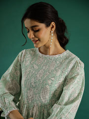 Green Round Neck Floral Print Flared Dress For Women