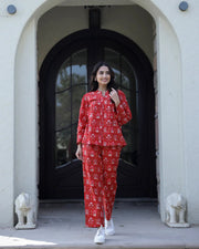 Carmine red Cotton Night Suit Set - SanskrutiHomes 