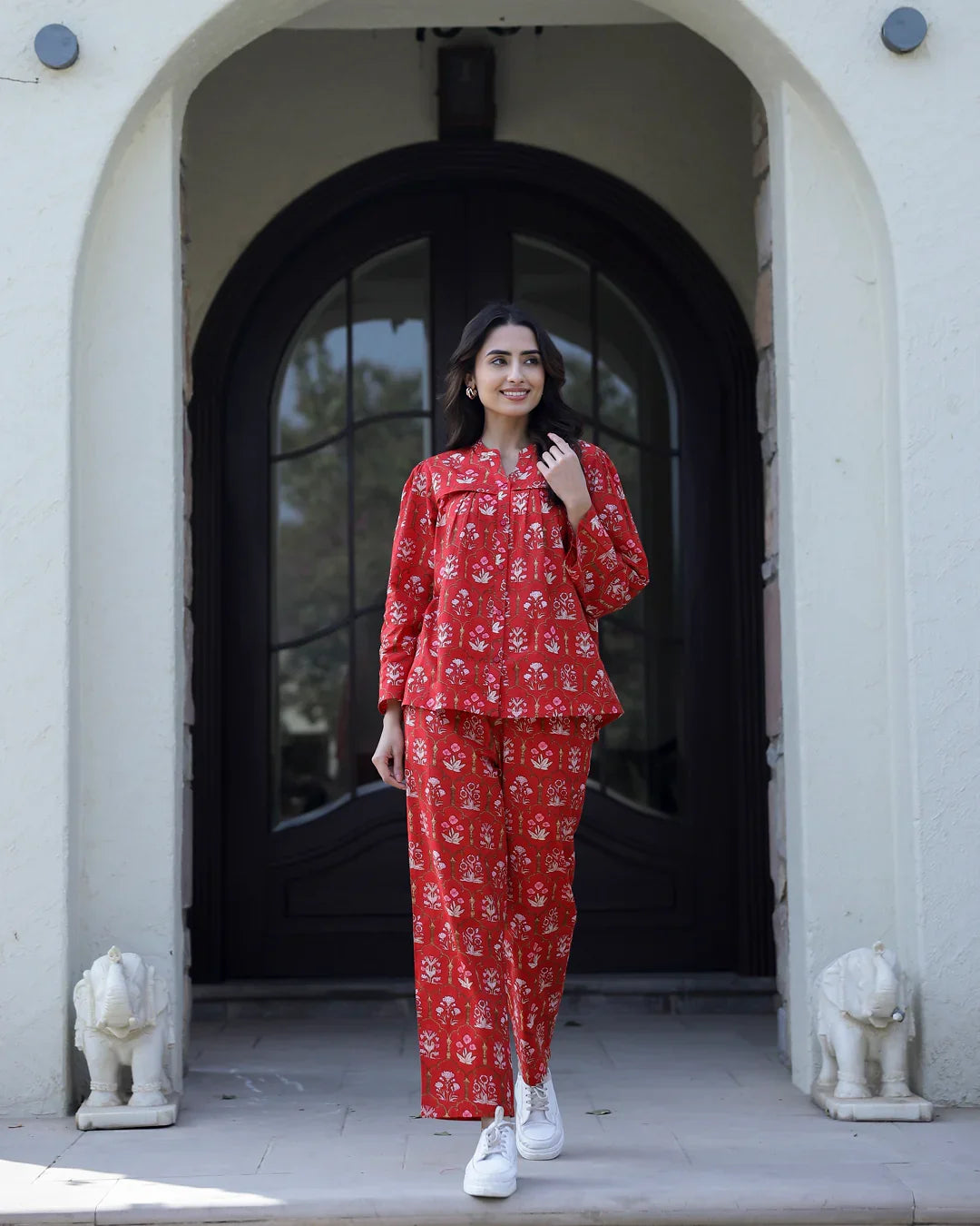 Carmine red Cotton Night Suit Set - SanskrutiHomes 