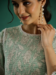 Green Round Neck Floral Print Flared Dress For Women